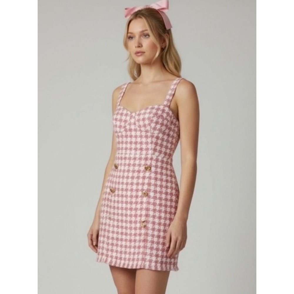 Pink & White Houndstooth Tweed Mini Dress Size Medium Gold Buttons Coquette